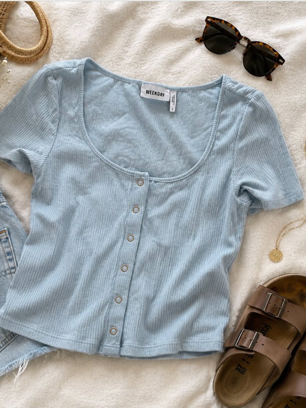 Weekday Light Blue Ribbed Snap Front Baby Tee | Size Small